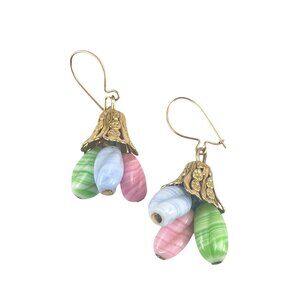 Vintage Gold Tone Drop Earrings Pink Blue & Green Glass Beads Flower Design